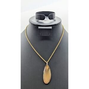 Vtg 1/20 12KGF Stone Slab Pendant Gold Tone Chain Strung Beaded 15.75" Necklace